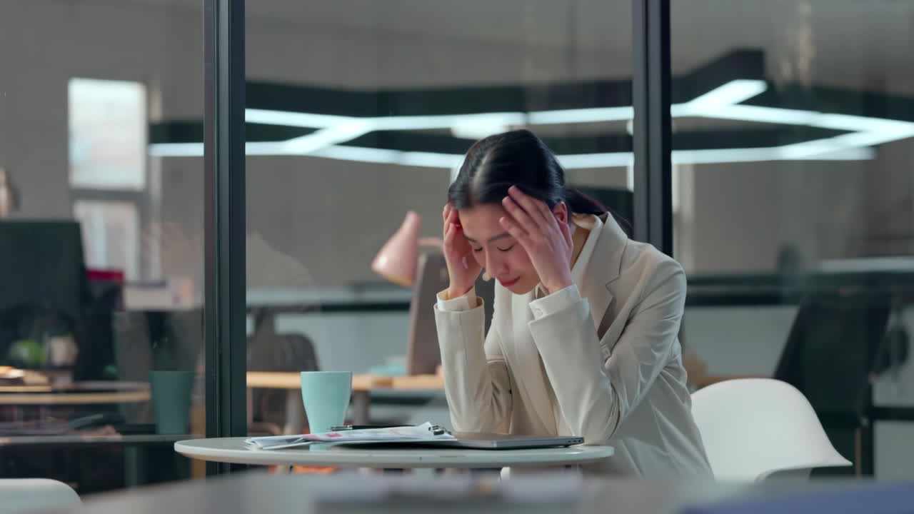 Exhausted businesswoman sits at desk holding head in hands feeling frustration stress from overwork emotional burnout. Woman employee slumps grasping head due to overwork problem with personal health