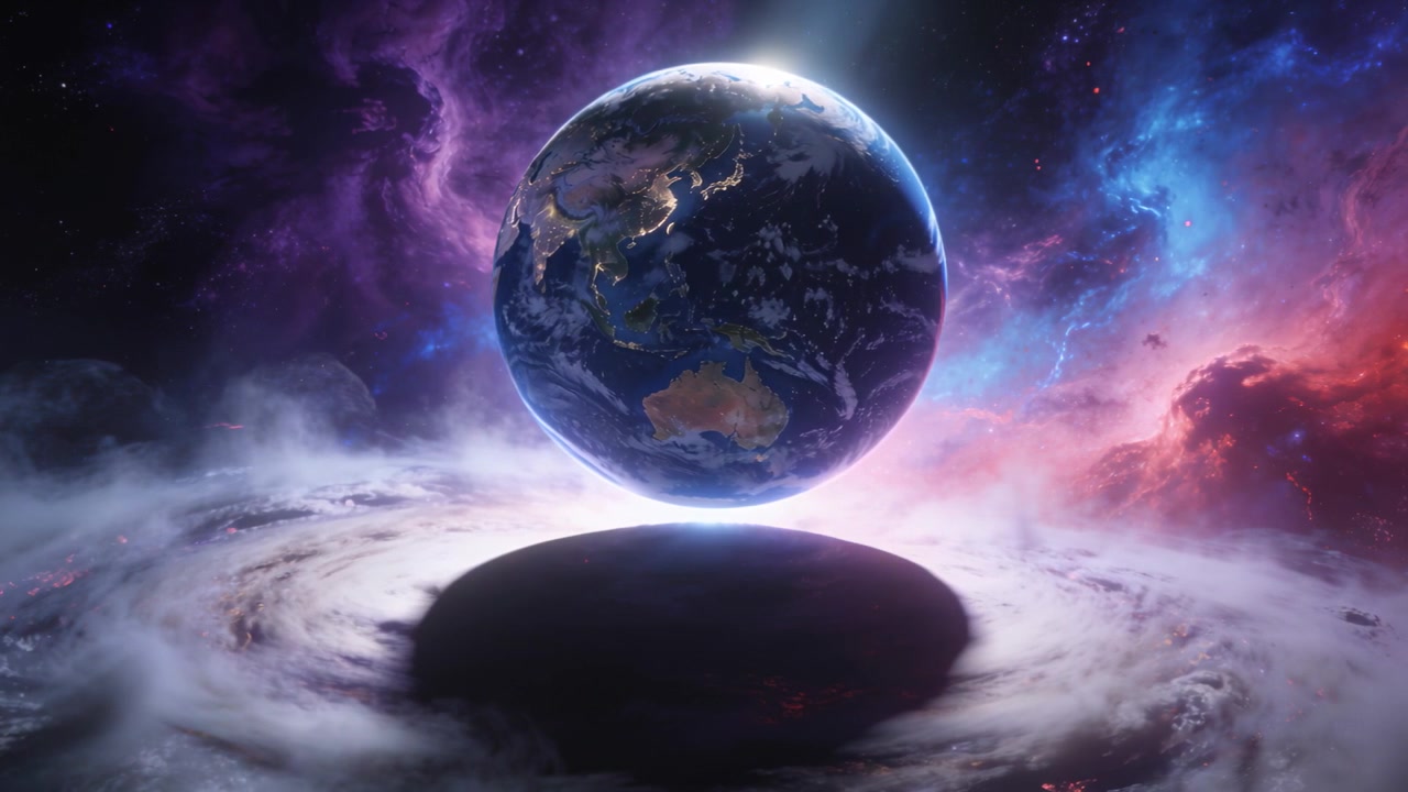 Rotating terran planet in space yawing as frames start pulsing rim showing land shadow-disk nebula