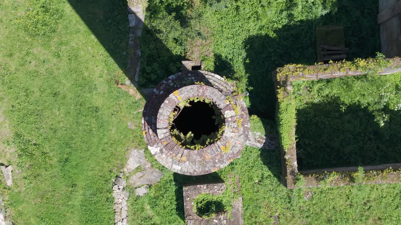 Top Down View Over Ruins Of Fabrica da Luz In Segade de Arriba, Caldas de Reis, Spain - Drone Shot