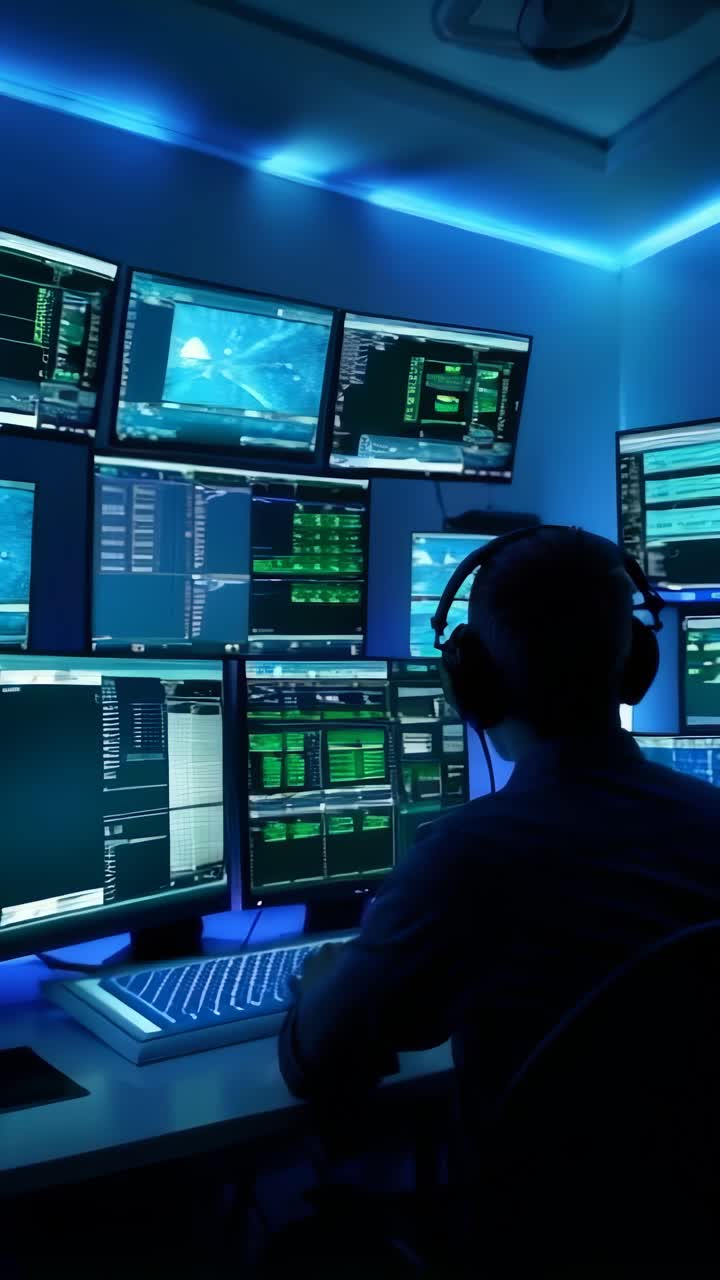 A man is sitting in front of a computer monitor with a headset on, security concept.