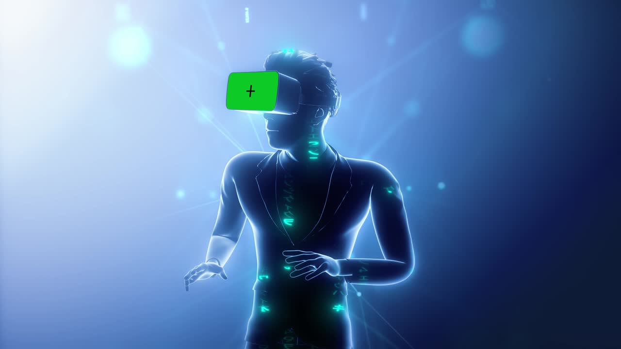 metaverse vr gioco di realtà virtuale, uomo gioca metaverse mondo virtuale tecnologia digitale controllo del gioco con vr goggle tecnologia digitale futura. simboli di matrice. loopable.