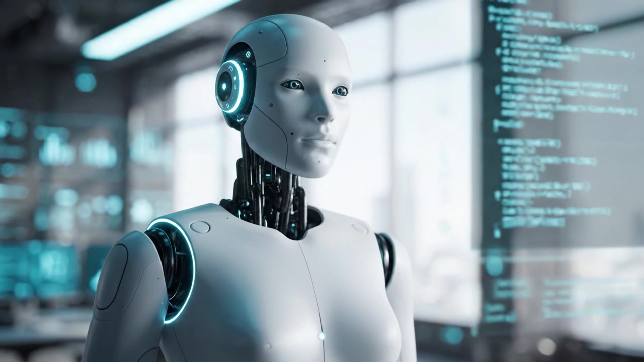 Robot umanoide avanzato che mostra tecnologie interattive in uno spazio di lavoro moderno, presentando l'integrazione dell'IA e un design futuristico in un ambiente ad alta tecnologia