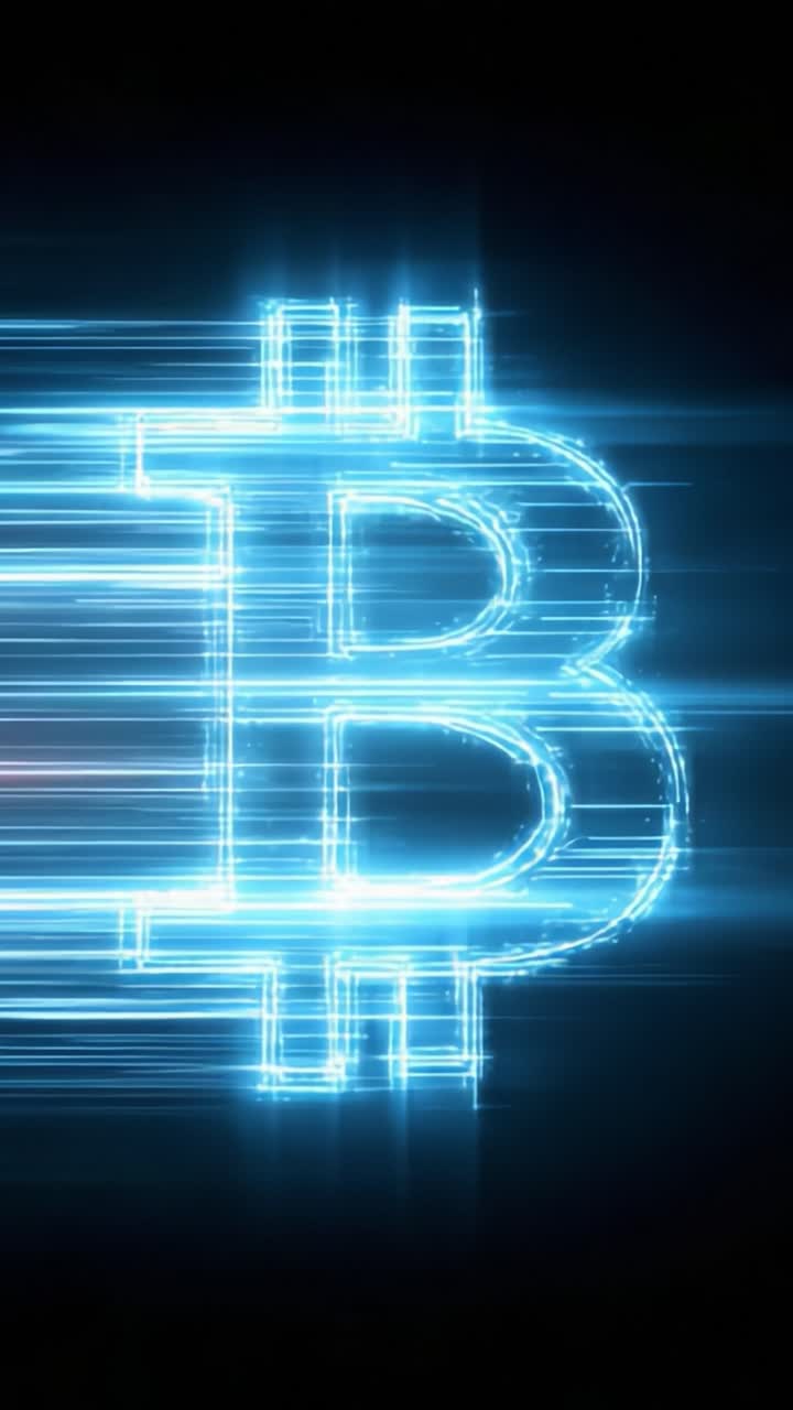 Símbolo dinâmico do Bitcoin iluminado em luzes azuis vibrantes, representando o rápido crescimento e a inovação na tecnologia de criptomoedas e nos mercados financeiros