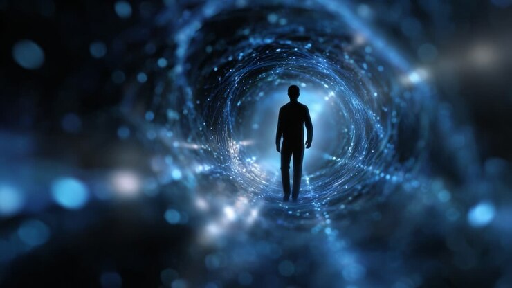 A solitary figure walks through a mesmerizing, swirling tunnel of light and energy, symbolizing exploration, journey, and the mysteries of the universe