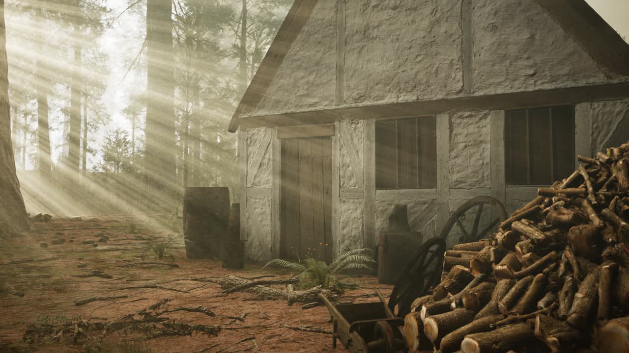 vieja casa de madera en el bosque de otoño