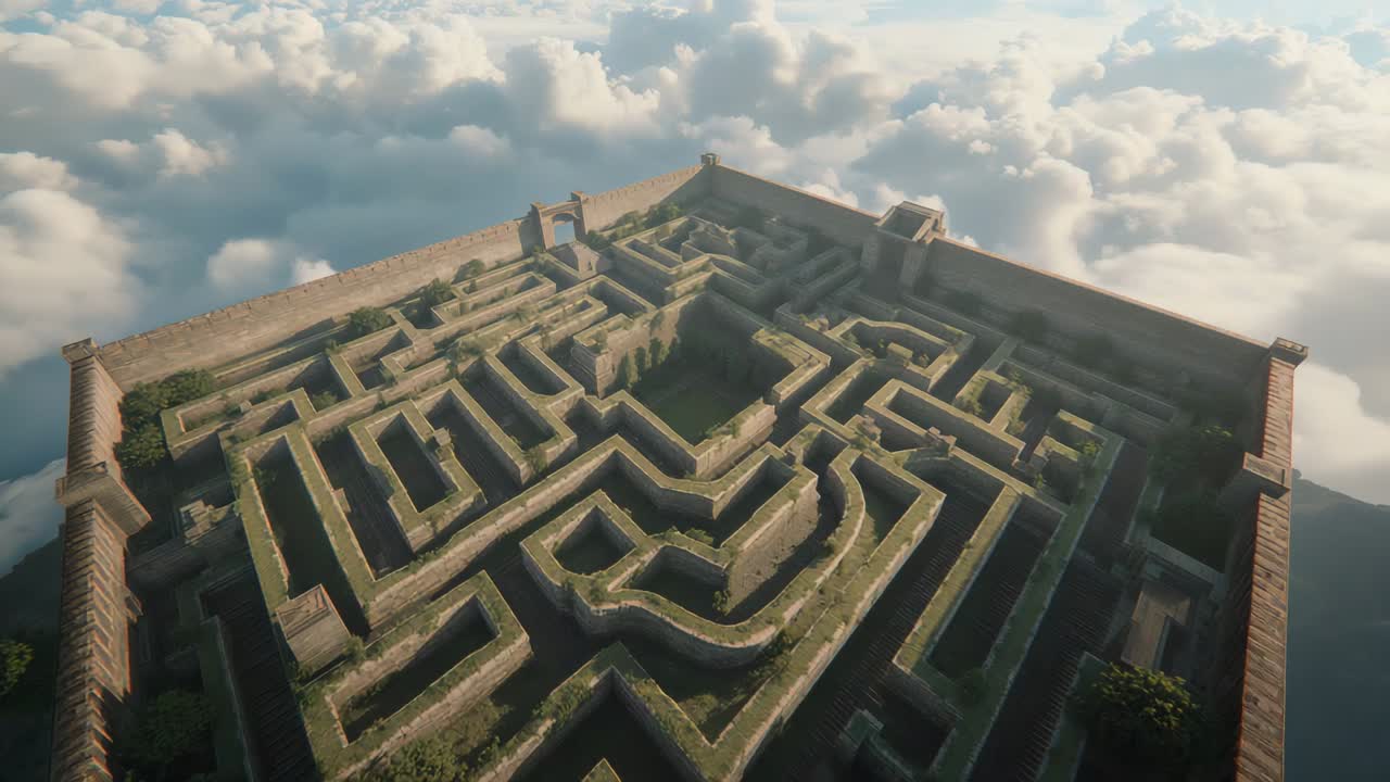 Pulling back aerial camera revealing hexagonal stone maze above clouds, seeking gate approach