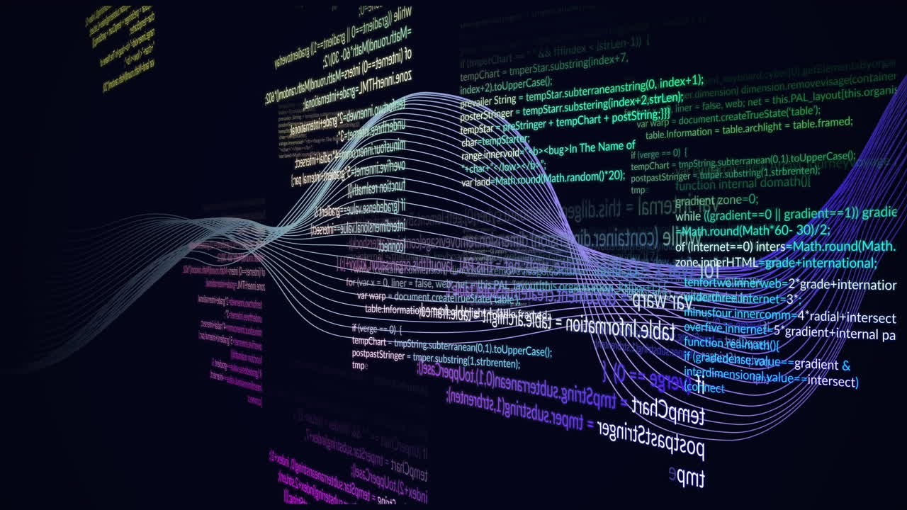 Flowing wave animation over colorful programming code lines on dark background