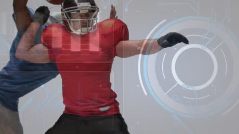 Animation-of-digital-screen-with-data-over-diverse-male-american-football-players