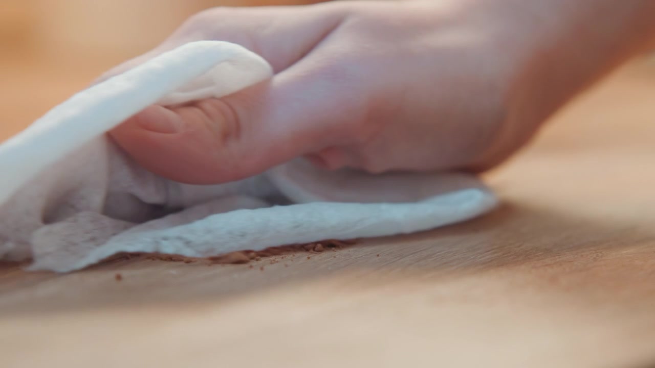 Wiping countertop after baking. Kitchen cleanup involving sugar debris and cloth polishing. Restoring tidy appearance by cleaning spilled sugar using circular motion and gentle pressure