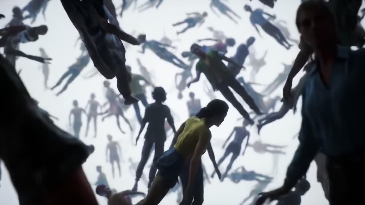 A Captivating Artistic Exploration of Human Figures in Motion, Floating Amidst a Dreamlike White Background That Evokes a Sense of Freedom and Weightlessness