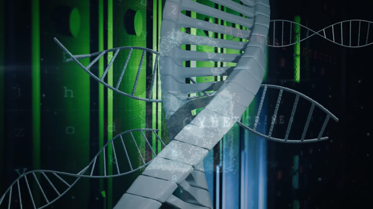 Animation of spinning dna strand over server room