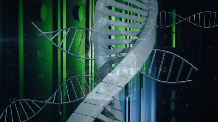 Animation of spinning dna strand over server room