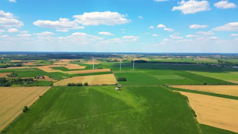 aerial view of powerful wind turbine farm for energy production on beautiful cloudy sky at highland