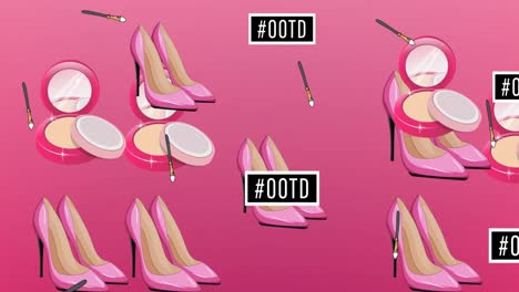 animación de pincel de polvo y iconos de zapatos en fondo rosa