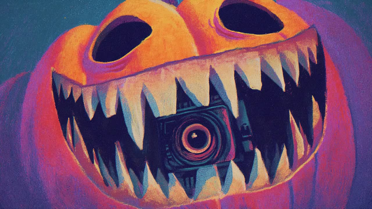 En visuelt slående og levende illustration af et uhyggeligt græskar med et truende grin, skarpe tænder og et kamera indlejret i munden, der fanger en blanding af rædsel og kreativitet