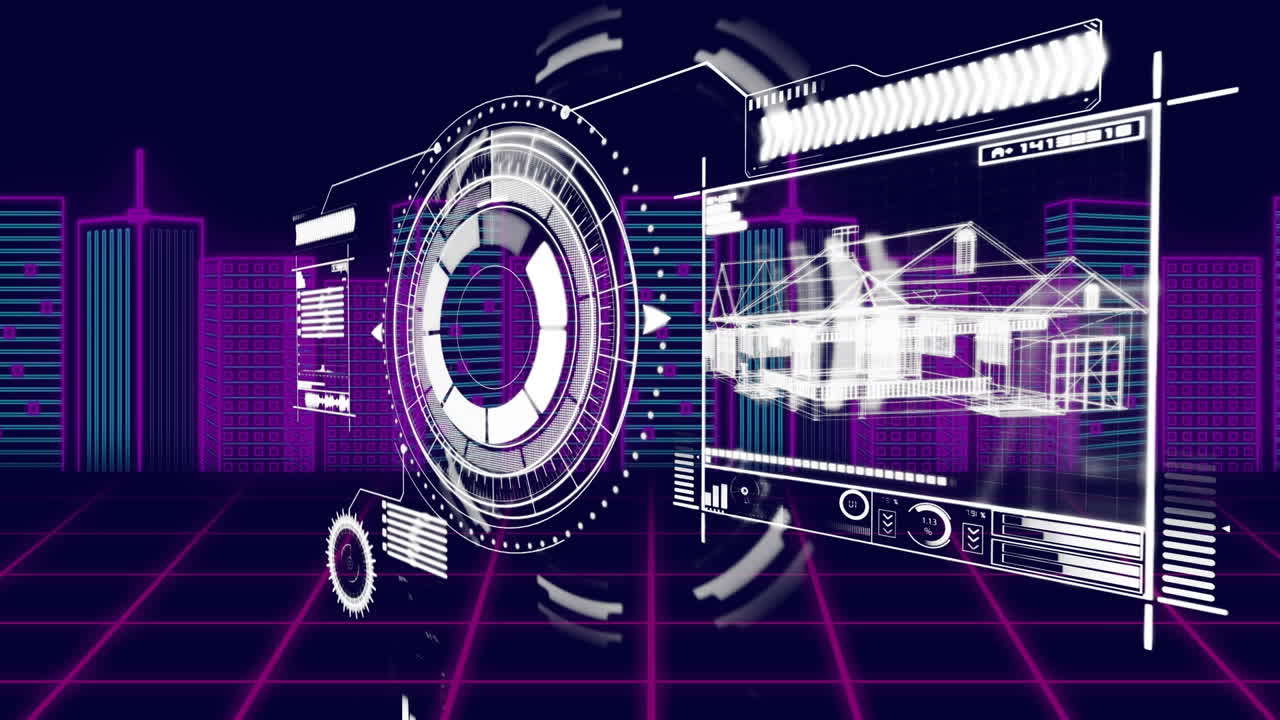 데이터 처리의 애니메이션과 파란색 배경의 도시