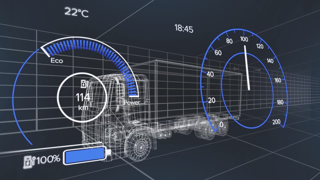 스피도미터, 배터리 아이콘 및 트럭의 3d 모델에 변경되는 숫자의 애니메이션