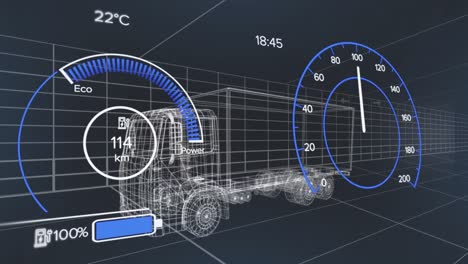 Animation-of-speedometers,-battery-icons-and-changing-numbers-over-3d-model-of-truck