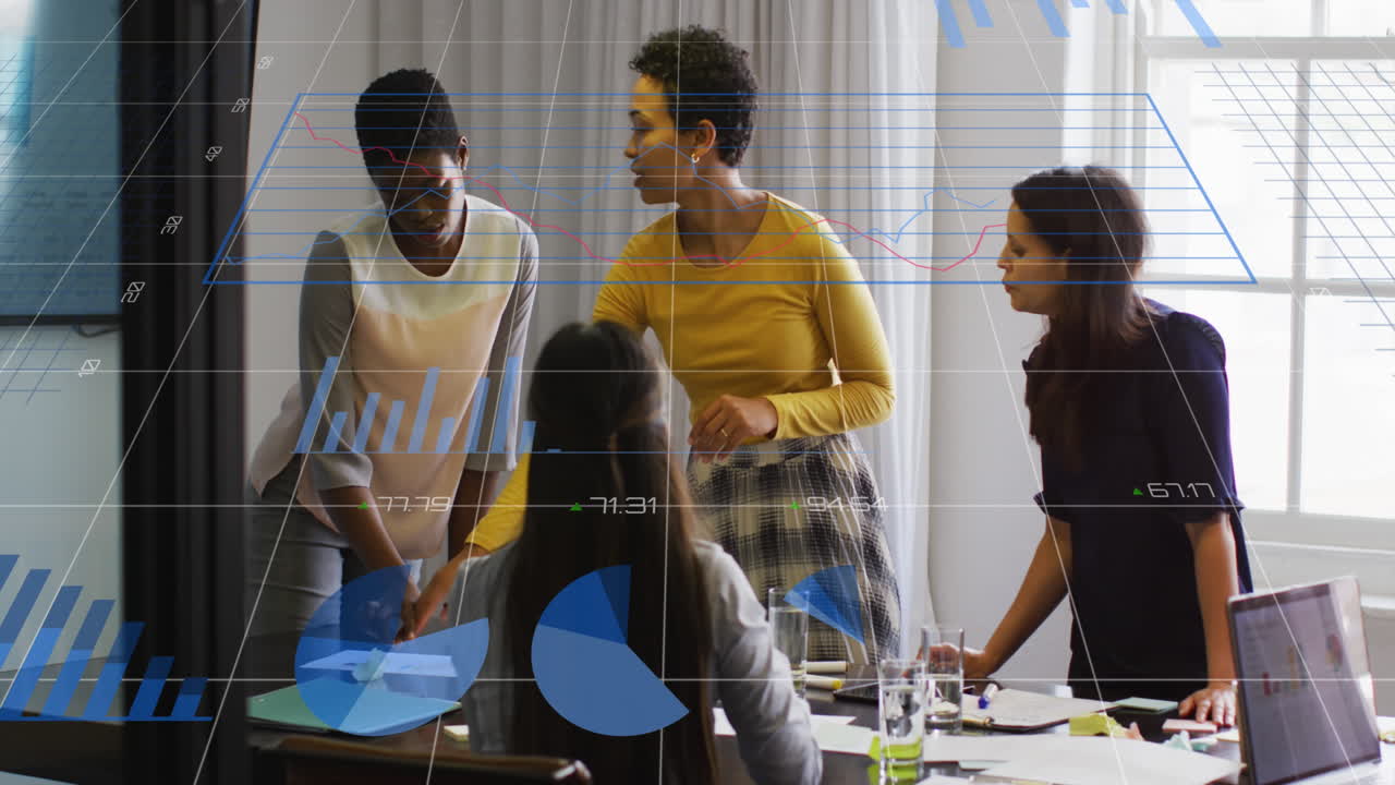 Animation of statistical data processing over group of diverse women discussing together at office