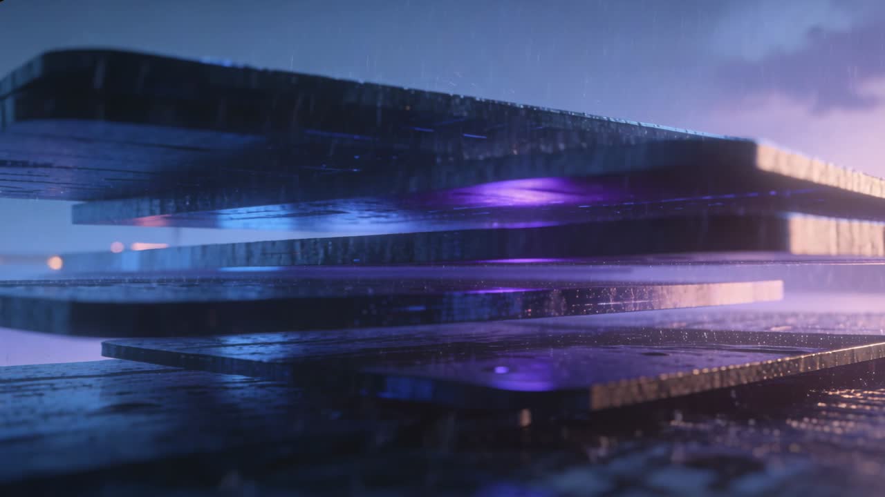 Pulling back camera revealing stacked metal slabs at dusk, pulsing purple gaps, rain droplets