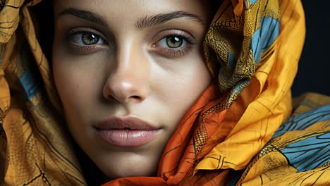 portrait of a woman wrapped in colorful fabric with striking features