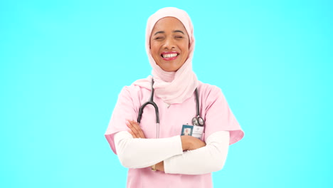 Muslim-woman,-face-and-nurse-smile-with-arms