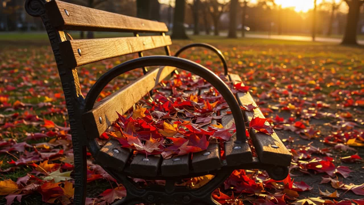 A Serene Autumn Scene Featuring a Wooden Bench Adorned with Colorful Fallen Leaves, Bathed in the Warm Glow of a Setting Sun in a Quiet Park