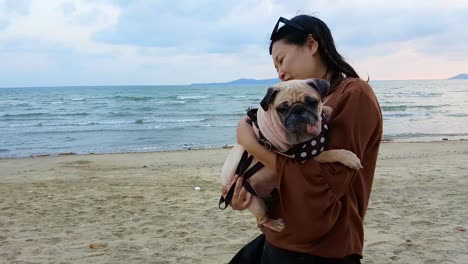 young happy woman holding cute puppy pug dog and walking on the beach.