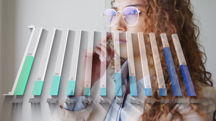 Animation of graphs over caucasian woman looking outside window