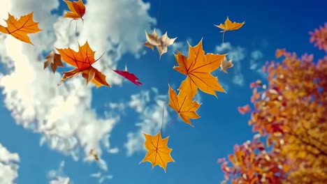 video captures autumn leaves falling against a bright blue sky
