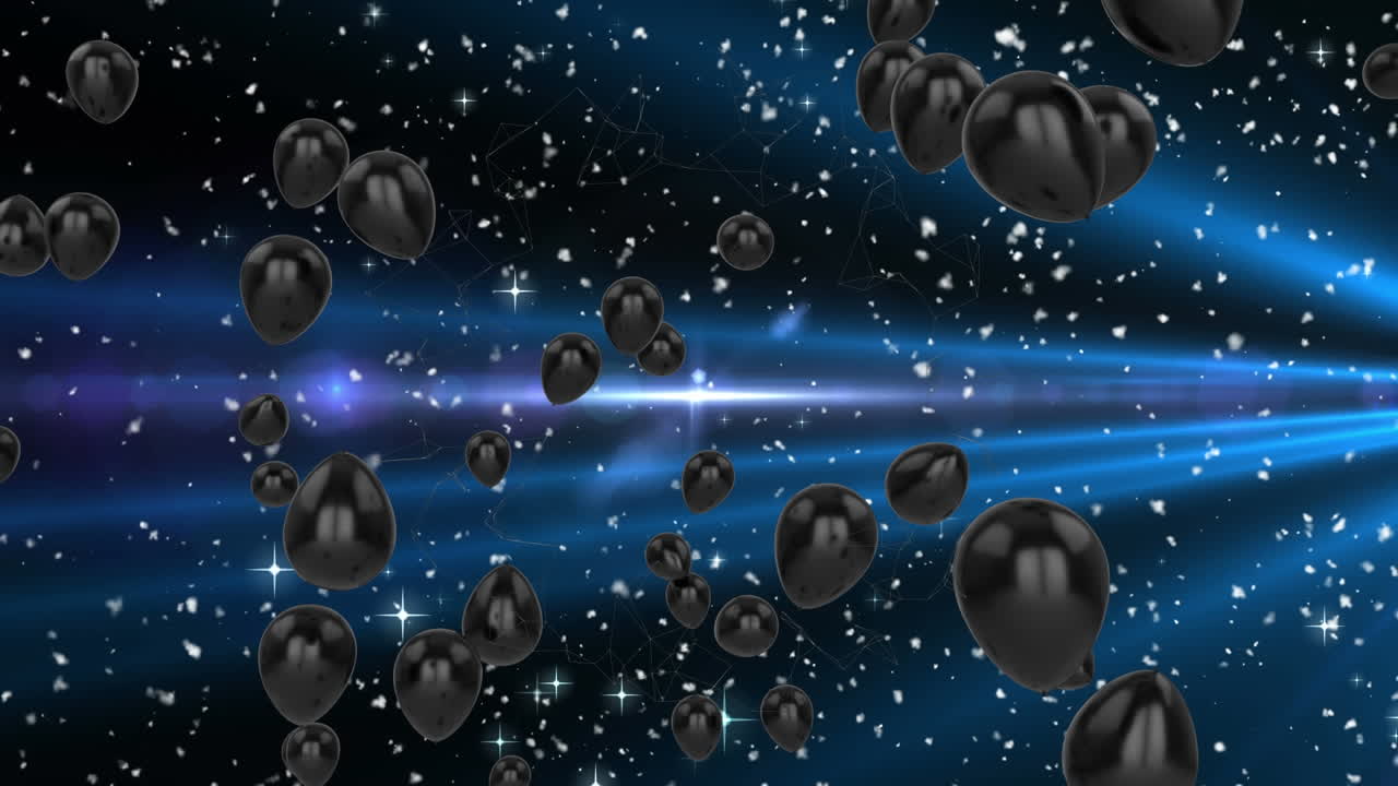 animación de confeti cayendo y globos negros volando sobre un fondo azul