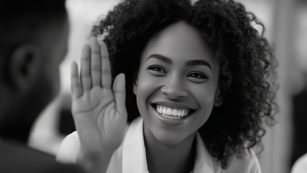 A Joyful Encounter: Capturing the Radiant Smile of a Young Woman Engaging in a Heartfelt Conversation, Her Expressions Radiating Happiness and Warmth in a Beautifully Lit Setting