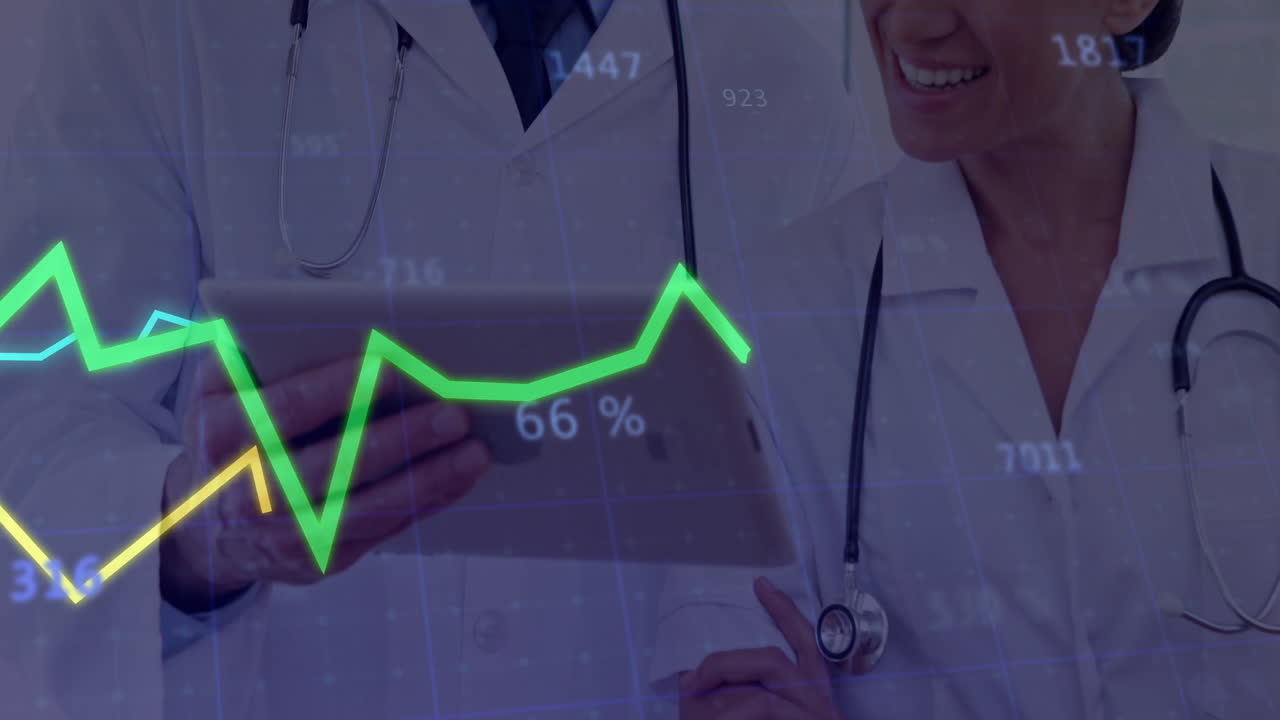 Two doctors examining tablet in medical office, with animated line graph showing data trends