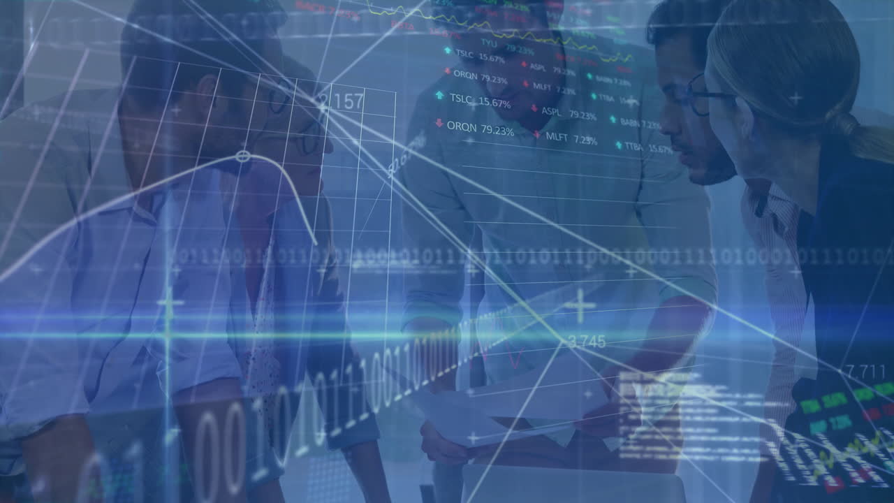 Discussing data, business professionals with digital financial graphs in office meeting