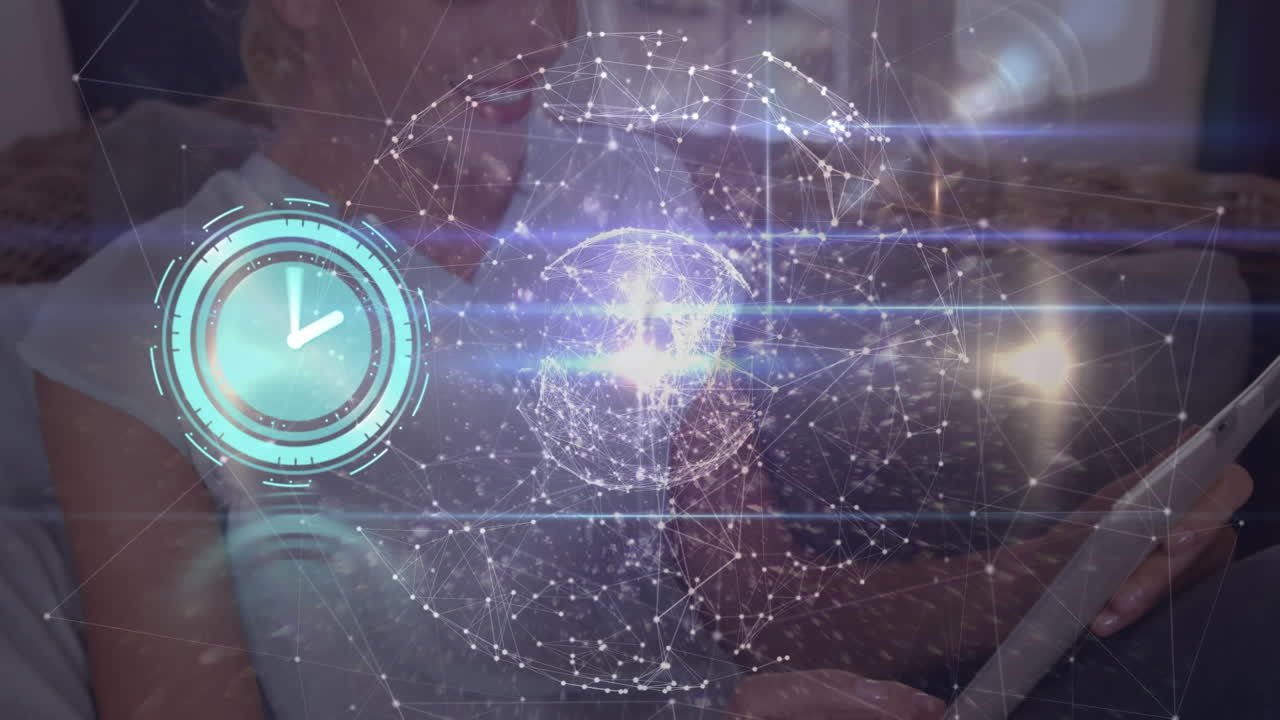 animación de reloj y red de conexiones contra mujer caucásica usando tableta digital