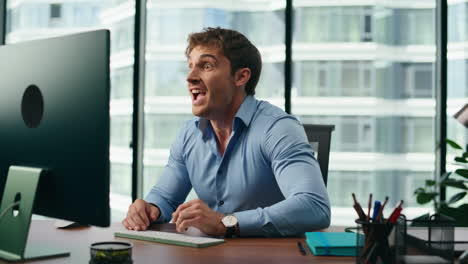 surprised manager getting deal celebrating good news emotionally close up.