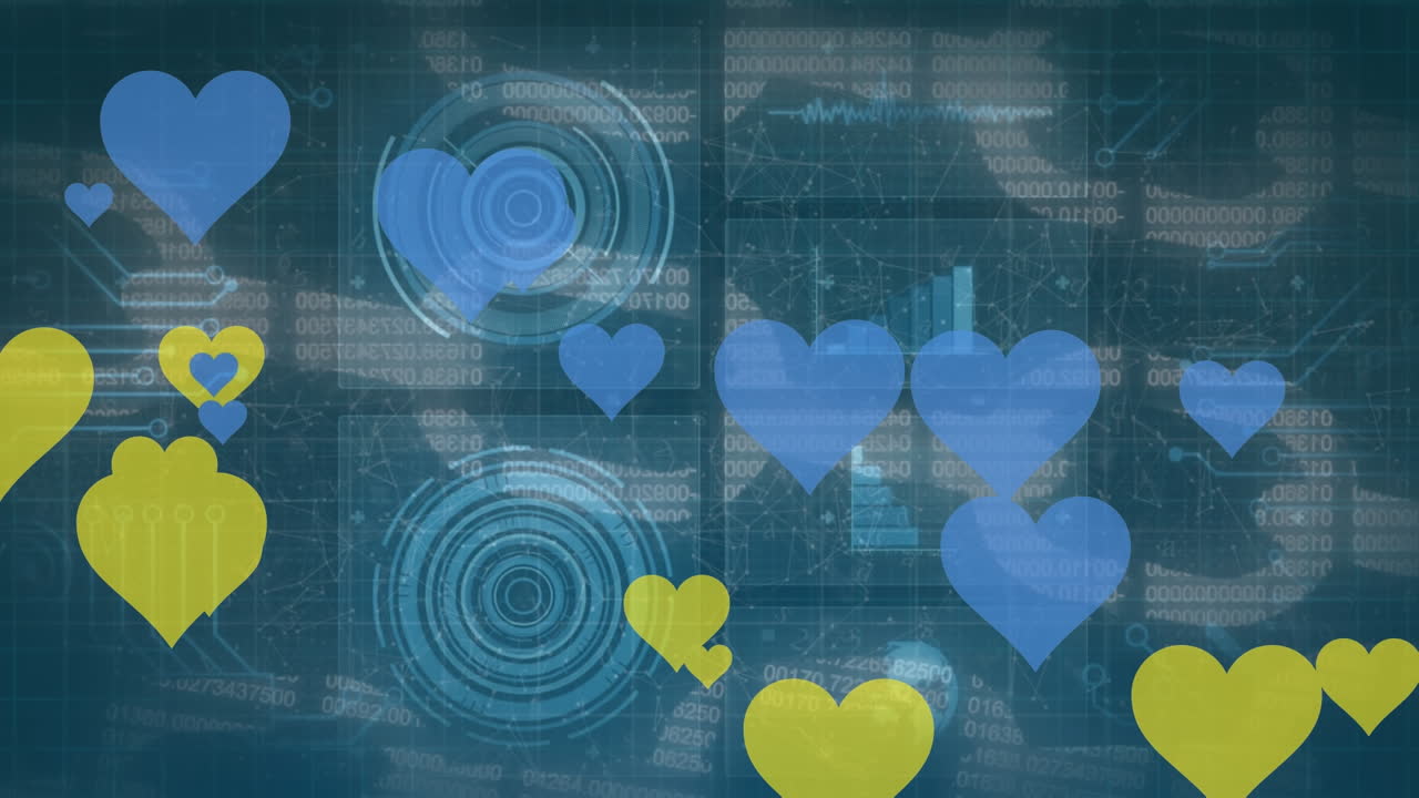 데이터 처리의 애니메이션과 파란색 배경에 있는 심장