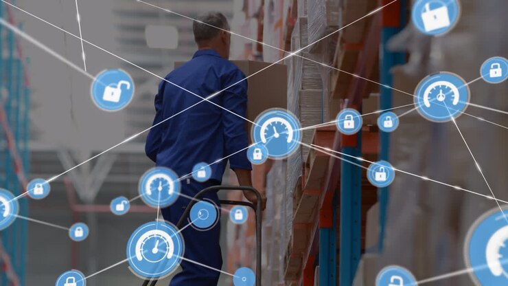 Animazione di rete di connessioni su lavoratore maschio caucasico in magazzino