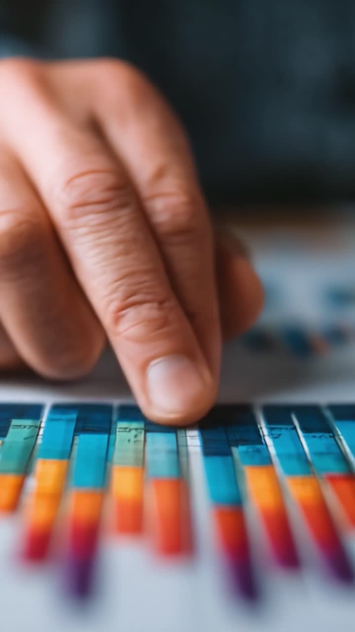 Analyzing Data Trends: A Close-Up View of Hand Interacting with Colorful Visual Representations on a Graphical Display that Highlights Changes and Insights