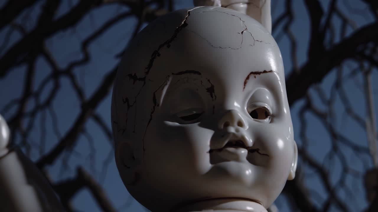 Cracked porcelain doll head suspended from a tree branch, showcasing eerie details and textures, capturing the unsettling atmosphere of a haunting scene in motion