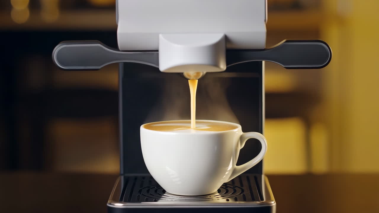 Coffee being dispensed into a cup from a coffee machine