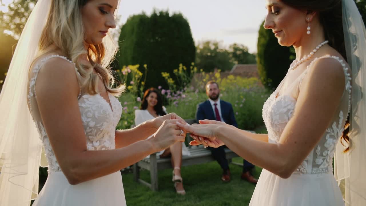 Mano che si apre per presentare l'anello; spose in abiti nuziali si scambiano gli anelli per il matrimonio, con gli ospiti che osservano in giardino.
