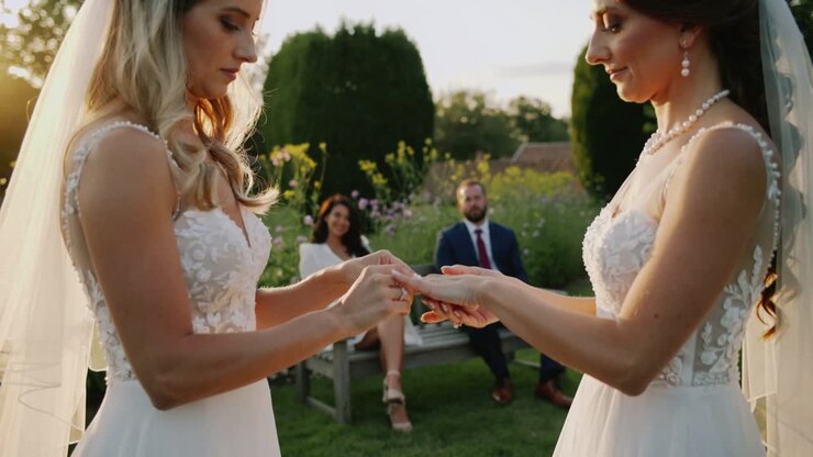 Opening hand to present ring, brides in gowns exchanging rings to wed, guests watching in garden