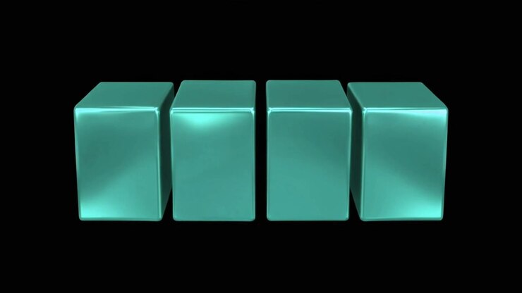 Four Metallic Teal Cubes Rotating and Stacking on Black Background
