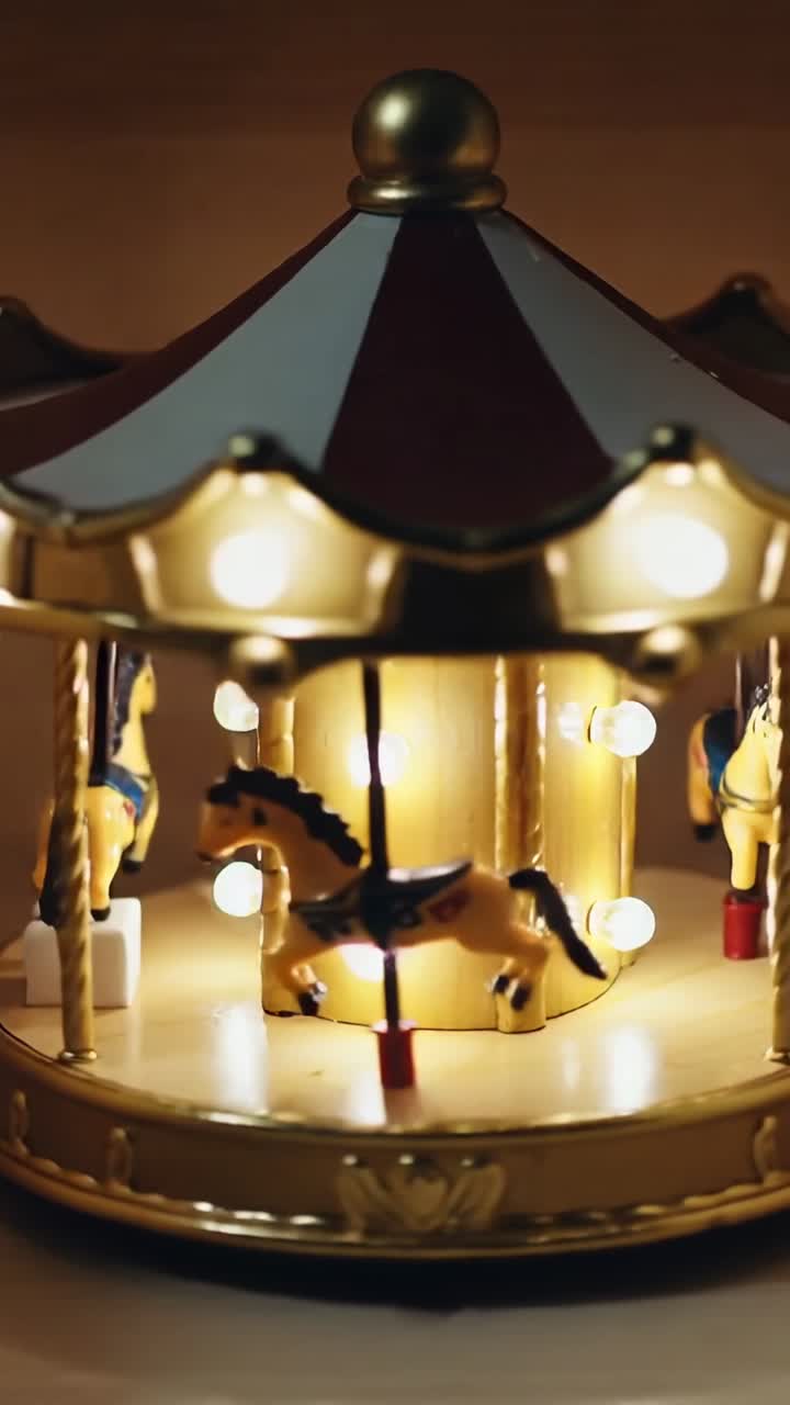 Vertical video: Lights glowing, carousel rotating on wood table, revealing painted horses and cube