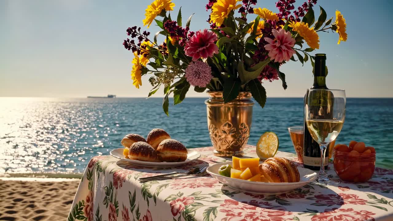 Aerial video view of a floral-themed beach picnic setup with wine, pastries, and flowers on a table