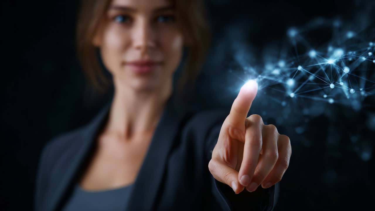 A woman confidently interacts with a digital interface, showcasing her expertise in technology and innovation, tapping into a network of glowing connections that symbolize knowledge and creativity