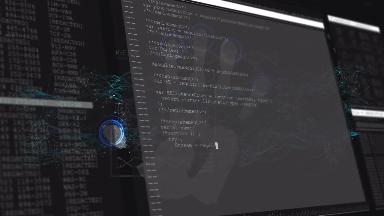 Animation of computer language, digital palm and connected dots forming dna helix