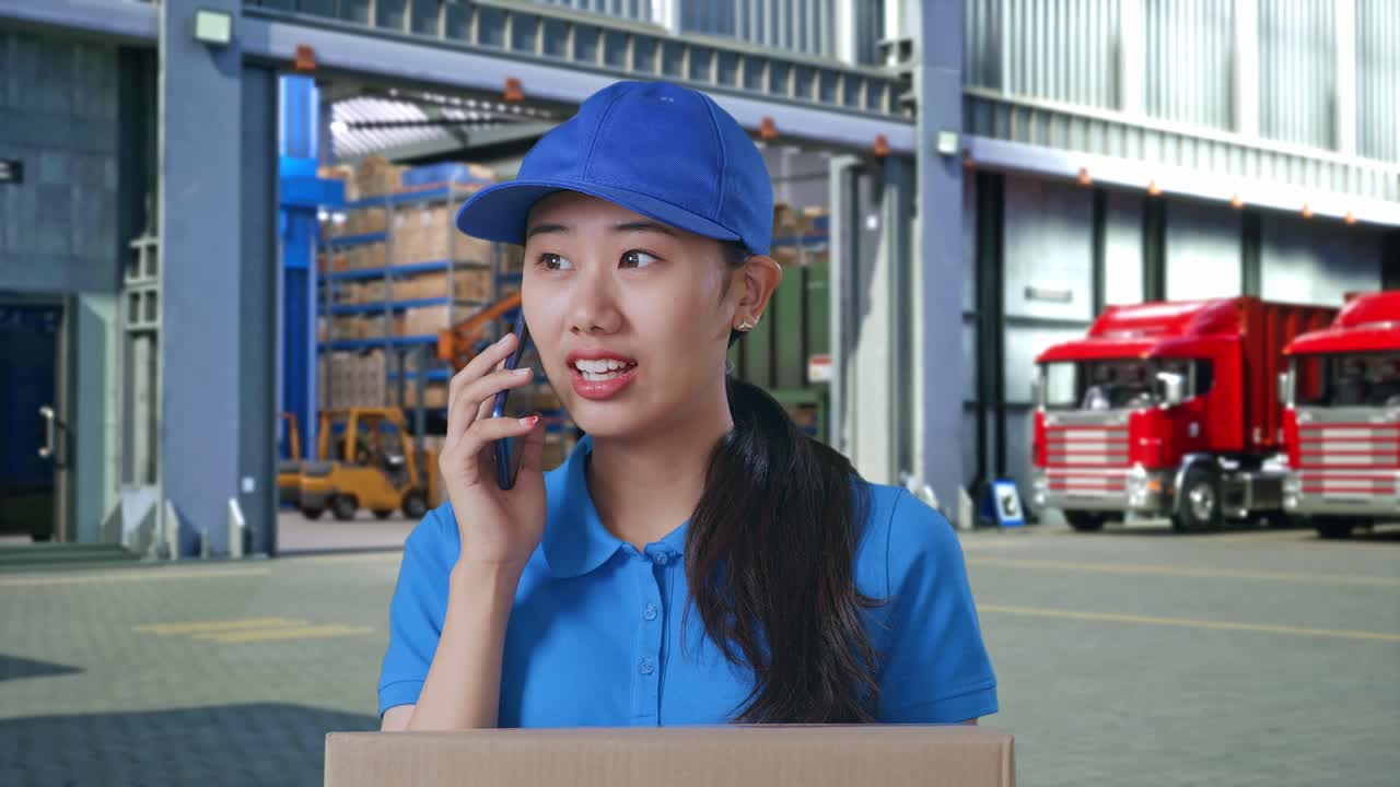 Close Up Of Asian Female Courier In Blue Uniform Talking On Smartphone While Delivering A Carton, Outside Warehouse