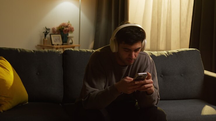 Young Man Spending Evening At Home Sitting On Sofa Wearing Wireless Headphones Streaming Music From Mobile Phone 3